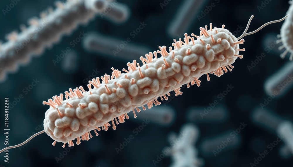 Poster microscopic view of single bacterium with numerous flagella