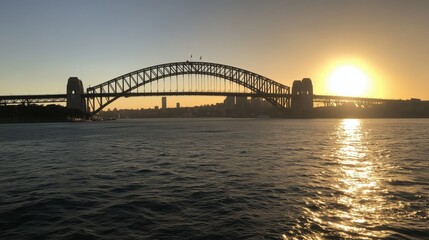 Naklejka premium The Sun Is Setting Behind a Bridge in Sydney Australia - Generative AI