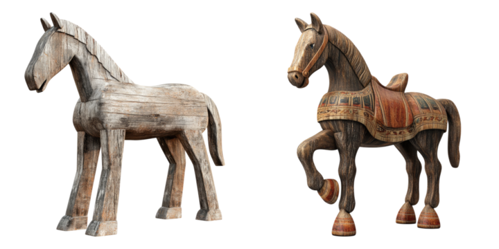 Wooden horse isolated on transparent background, Set of