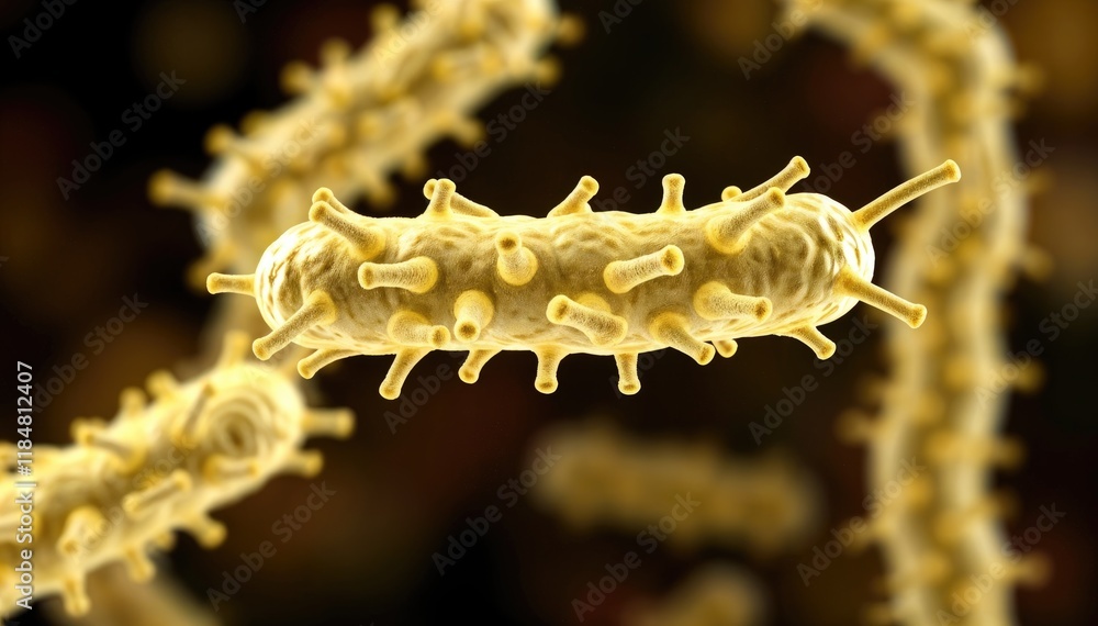 Poster microscopic view of rod shaped bacteria with numerous surface projections