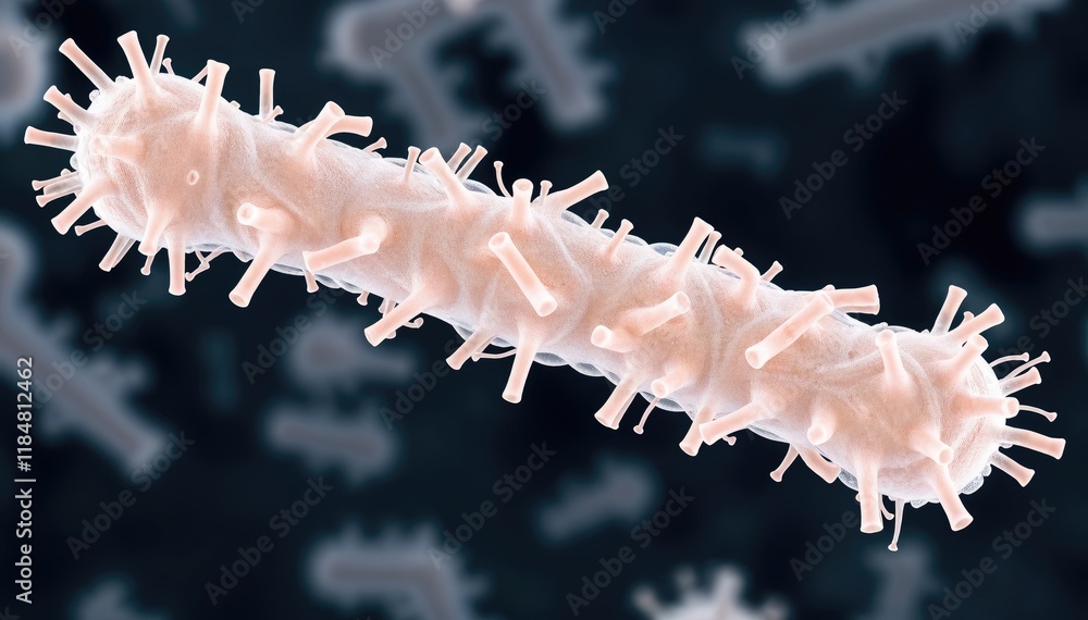 Poster microscopic view of rod shaped virus with numerous spiky protrusions