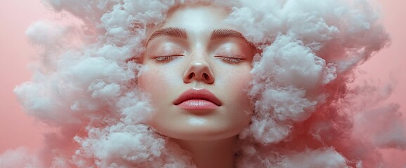 Serene woman surrounded by fluffy clouds, eyes closed, peaceful expression, soft pink background.