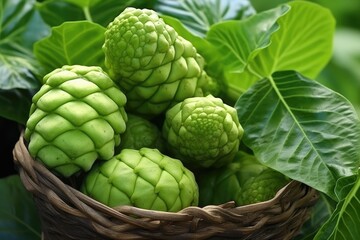 Obraz premium Discovering the Benefits of Noni Tree: Close-up of Organic Leaves and Fruits of Morinda Citrifolia