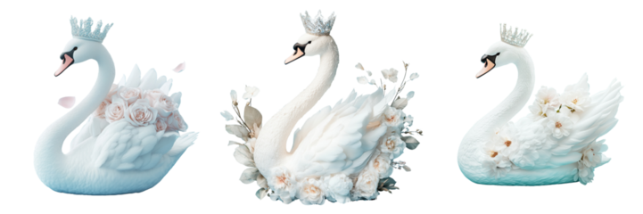 Set of A majestic white swan gliding gracefully on a serene lake surrounded by blooming water lilies on transparent png background