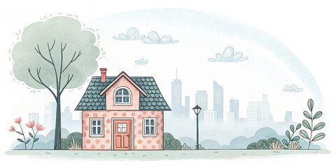 Fototapeta premium cute house watercolor art illustration with city scape background