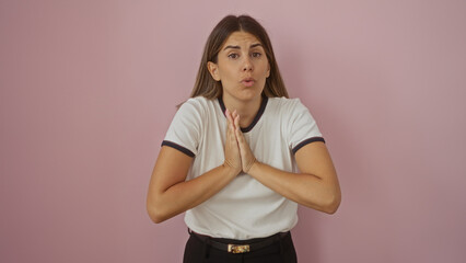 Obraz premium Young woman with brunette hair over pink background making a pleading gesture