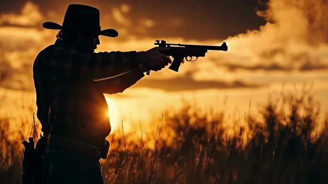 Cowboy aims gun at sunset in expansive western landscape while silhouetted against golden clouds