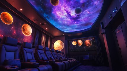 A cinema with a cosmic design featuring glowing planets and a galaxy-themed ceiling 