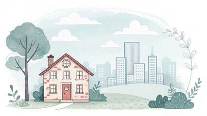 cute house watercolor art illustration with city scape background