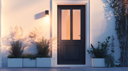 Modern front door with a black frame and glass, framed by square planters on the sides of the house entrance in white color. Dewlight. Illustration