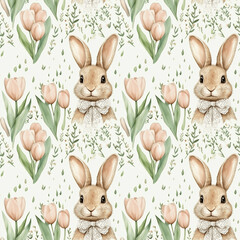 Fototapeta premium Charming watercolor seamless pattern featuring fluffy rabbits among soft pink tulips and green leaves.
