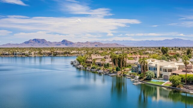 Drone View of Gilbert, Arizona Lake Homes with Skyline and Waterfront City Landscape