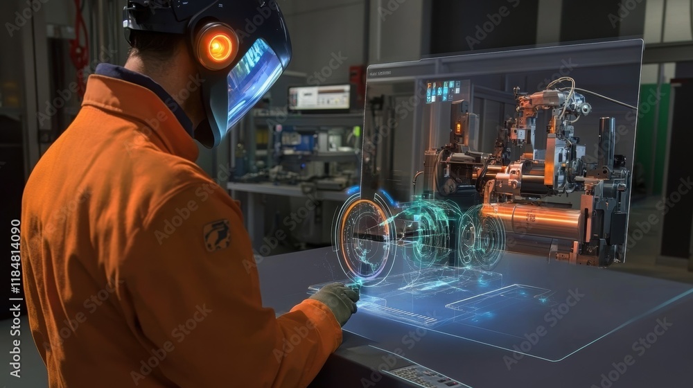 Poster engineer wearing augmented reality glasses is working with a holographic projection of a machine in 