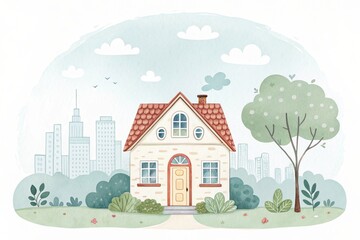 Naklejka premium cute house watercolor art illustration with city scape background