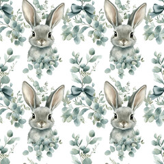 Fototapeta premium Whimsical watercolor seamless pattern featuring cute rabbits among delicate floral elements, perfect for a charming design aesthetic.