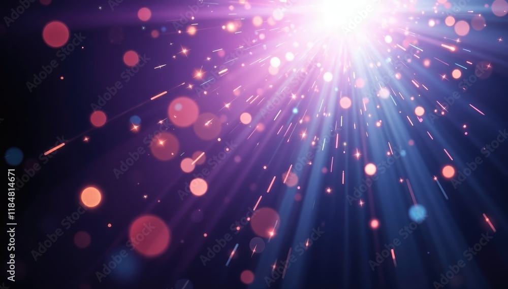 Poster magical light rays and sparkling particles burst from bright center radiant and vibrant effect