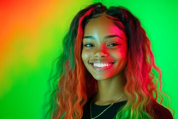 Fototapeta premium Long haircut - multicolored hair. Lovely smiling black girl - for ads, advertisement and social platforms use. Commercial digital ads concept creative creative design. Chic african glamour.