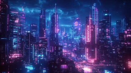 Fototapeta premium A stunning futuristic cityscape at night, illuminated with vibrant neon lights in shades of pink and blue. Skyscrapers tower against a moody sky filled with swirling clouds. The street below is alive 