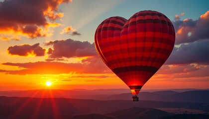 Fototapeta premium Heart-shaped hot air balloon soaring at sunset over rolling hills. A romantic and breathtaking scene.