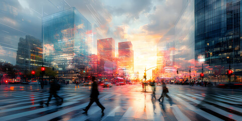 vibrant city street at sunset with blurred figures crossing, reflecting dynamic urban life and glowing skyscrapers in background under dramatic sky