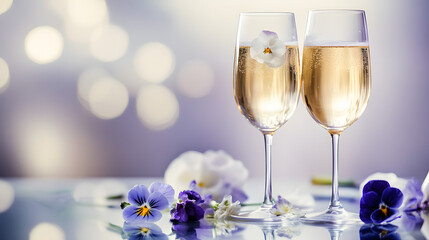 A pair of wine glasses with chilled prosecco garnished with edible flowers and placed on a reflective glass table.