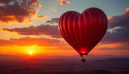 Fototapeta premium Heart-shaped hot air balloon soaring through a vibrant sunset over rolling hills. A breathtaking romantic scene.