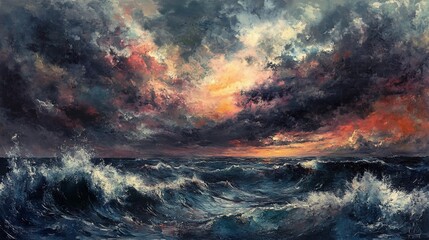 Dramatic seascape painting, turbulent ocean waves crashing against the shore, vibrant sunset sky with stormy clouds.