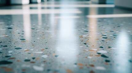 A polished terrazzo floor with flecks of colored stone, creating a subtle yet elegant surface with depth and texture