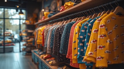 Fototapeta premium Colorful kids' clothing on display in a boutique.