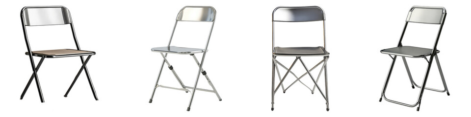 Steel folding chair isolated on transparent background, Set of