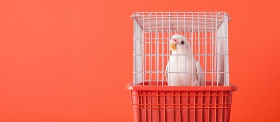 House moving with pet. Caged bird on vibrant orange background.