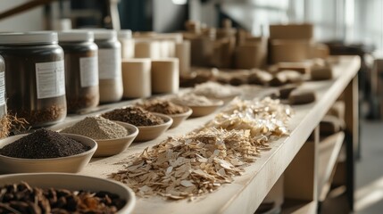 Various organic ingredients, including wood shavings, powders, and plant based materials, are arranged on a workshop table, showcasing the components involved in bioplastics production