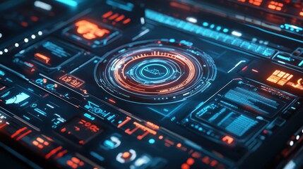Futuristic HUD interface with glowing digital elements and data displays.