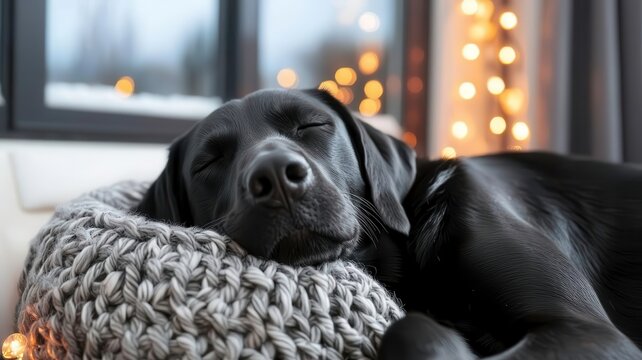 Black labrador sleep cute cozy concept. A serene black dog peacefully sleeping on a cozy blanket near a window adorned with warm, glowing lights.