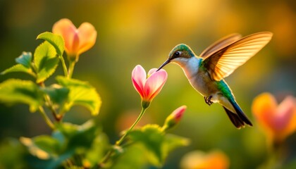 Fototapeta premium Hummingbird feeding on a pink flower in golden sunlight. A breathtaking moment of nature's beauty.
