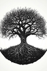 Tree of Life Various Religions black and white illustration