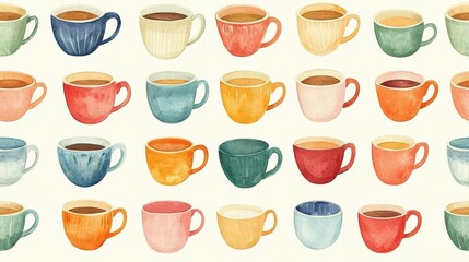 Colorful watercolor mugs filled with coffee