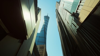 Obraz premium Looking up at a Tall Skyscraper From the Bottom of a Tall Building - Generative AI