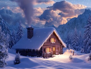 Fototapeta premium Cozy Log Cabin in a Snowy Mountain Winter Wonderland