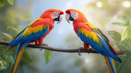 Fototapeta premium Colorful macaws perched on a branch in a vibrant rainforest, showcasing their bright plumage while interacting with one another