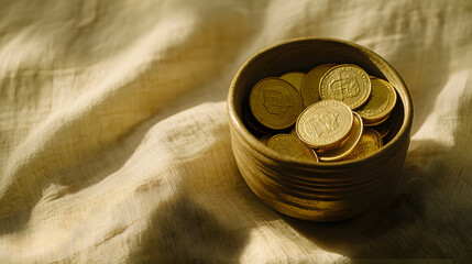 A small pot of gold coins placed on a soft fabric backdrop with subtle shadows adding warmth to the composition.