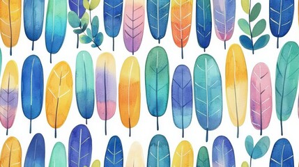 Watercolor painted colorful leaf pattern