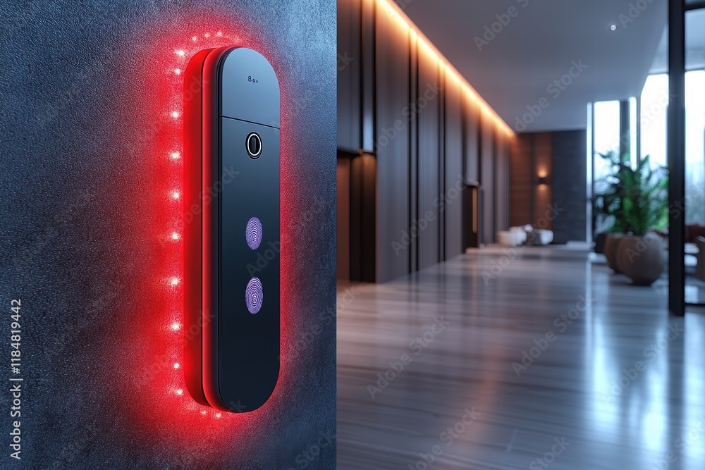 Poster biometric lock with fingerprint sensor displayed in modern interior setting