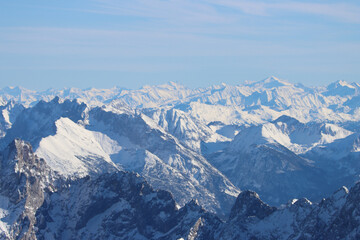 Snow covered mountains peaks in winter