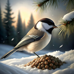 Obraz premium Winter bird feeding in snowy landscape.