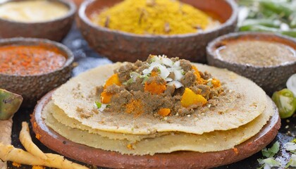Ethiopian Injera with an Assortment of Spicy Wats