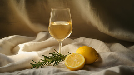 A tall wine glass filled with chilled white wine garnished with a sprig of rosemary and lemon slices on a textured linen cloth.