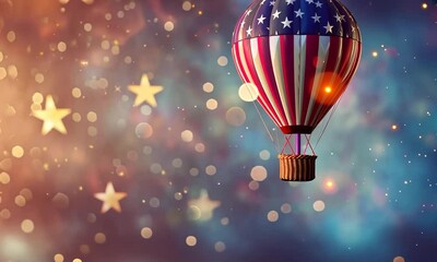 Hot air balloon with striped pattern floating in starry sky - Powered by Adobe