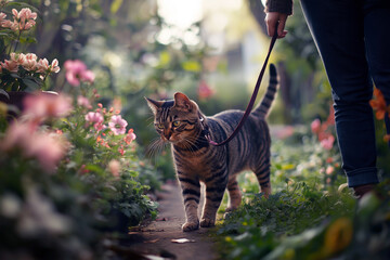 Obraz premium Cat on a leash exploring a blooming garden while its owner stands nearby.