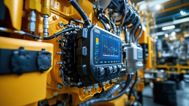 Control panel featuring a digital display and buttons, showcasing advanced monitoring and control systems within a manufacturing plant, emphasizing automation and industrial processes